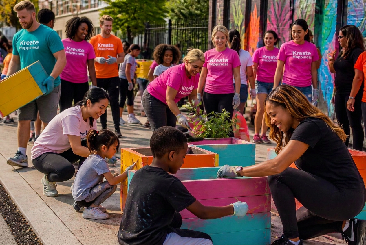 Children, families, and volunteers painting planters at a community day