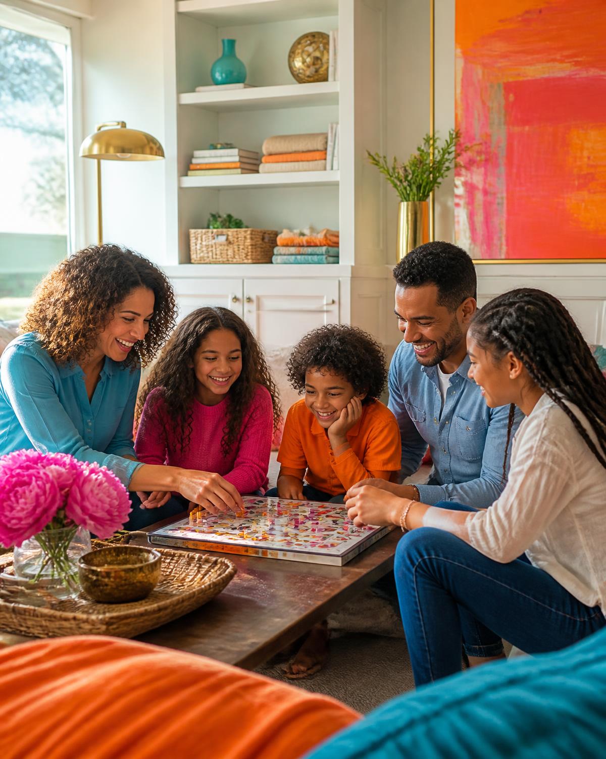 A family laughing together in a colorful family room