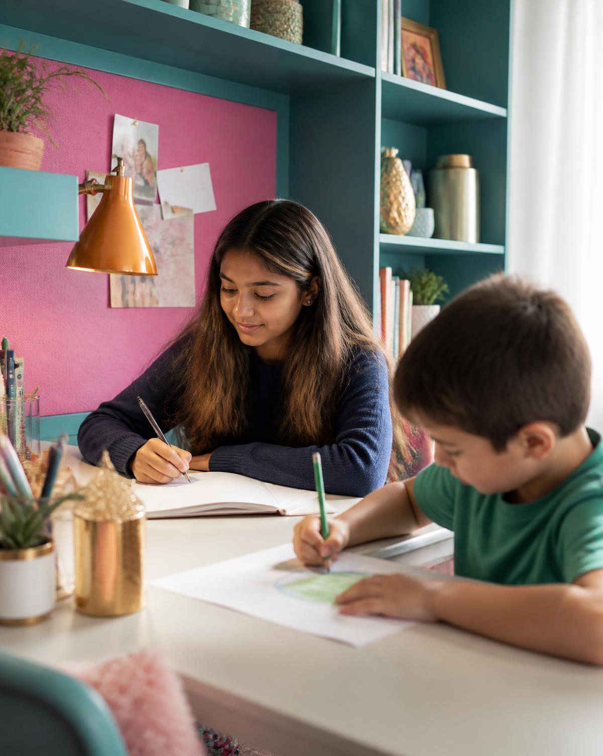 Two young people using a bright, organized study space