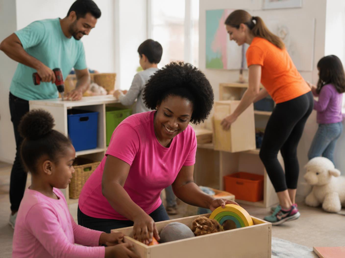 Volunteers and children organizing a playroom together